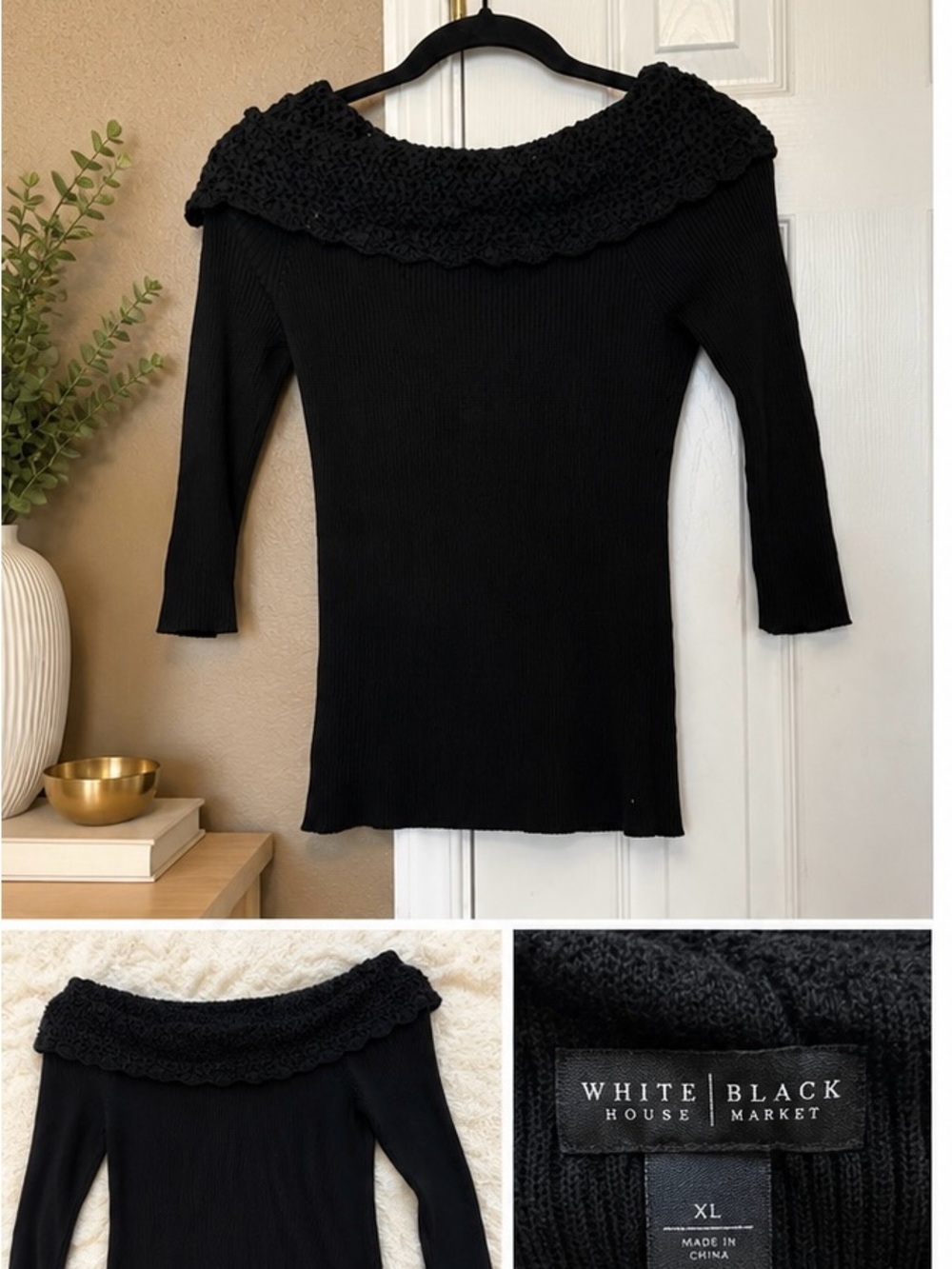 White House Black Market Black Crochet Boatneck Off-Shoulder Sweater
